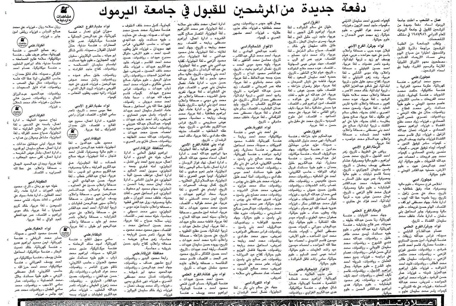 جامعة ( اليرموك ) في ذاكرة الثمانينيات : قراءة في قوائم القبول للعام الدراسي 1986 / 1987 م
