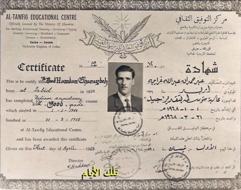 ذاكرة الوطن في وثيقة : شهادة " مركز التوفيق الثقافي " لعام 1968م تقرأ في تاريخ التعليم المهني بالأردن ومسيرة المرحوم عبد حمدان عبد الله غرايبه