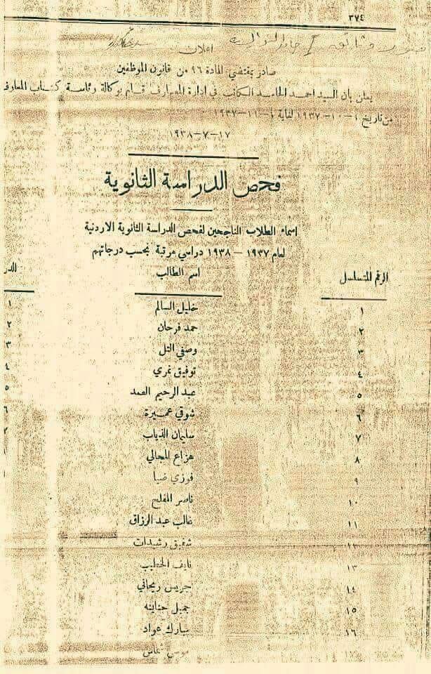 وثيقة تاريخية نادرة : أوائل الثانوية العامة في الأردن ( 1937 - 1938 م )